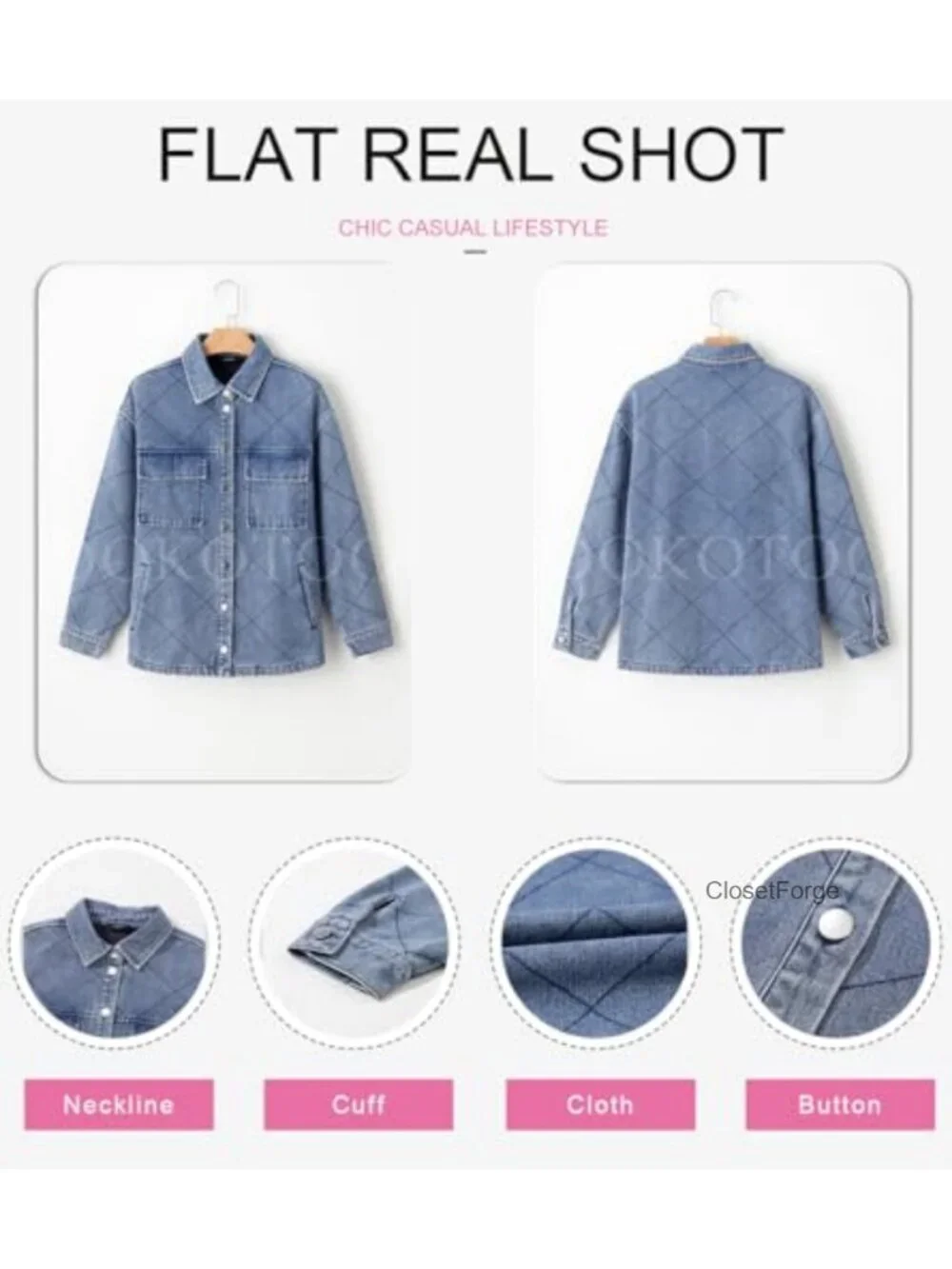 Oversized Denim Shacket Jacket with Pockets Long Sleeve Button Down